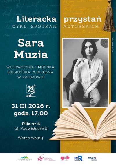 Grafika promująca spotkanie z Sarą Muzią